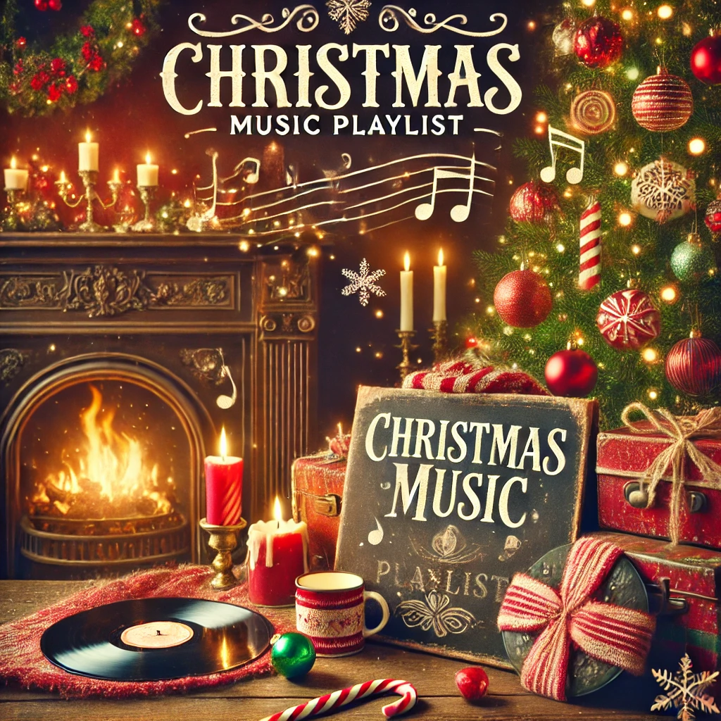 PlaylistSound-A-festive-Christmas-music-themed-image-featuring-a-cozy-holiday-setting-with-a-fireplace-decorated-tree-and-warm-lights.-In-the-foreground-musical